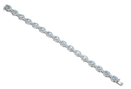 Micro Set Oval Cut Aqua & Diamond Halo Tennis Bracelet