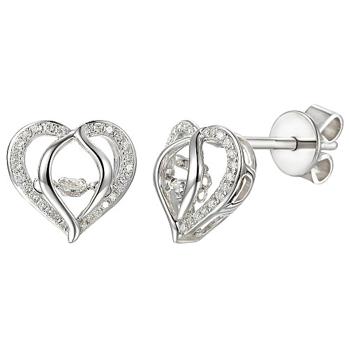 Round Brilliant Cut Diamond With Micro Set Heart Shape Halo Dancing Diamond Earrings
