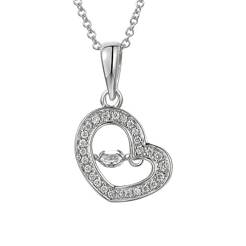 Round Brilliant Cut Diamond With Micro Set Angled Heart Shape Halo Dancing Diamond Necklace
