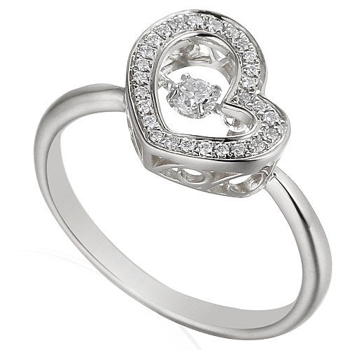 Round Brilliant Cut Diamond With Micro Set Angled Heart Shape Halo Dancing Diamond Ring