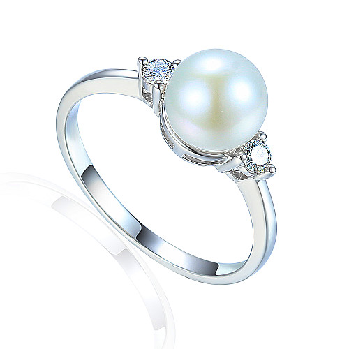 Claw Set Round Pearl With Round Brilliant Cut Diamond 3 Stone Ring