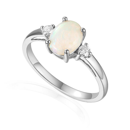 Platinum Claw Set Round Diamond and Oval Opal 3 Stone Ring