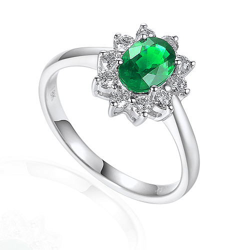 Claw Set Oval Cut Emerald With Micro Set Round Brilliant Diamond Halo And Shoulders Ring