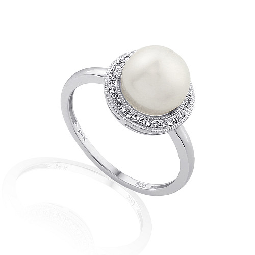 Claw Set Round Pearl With Micro Set Round Brilliant Cut Diamond Ring