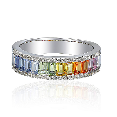 Micro & Channel Set Baguette Cut Multi Colour Sapphire & Round Diamond Half Eternity Rainbow Statement Ring