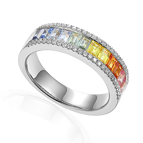 Micro & Channel Set Baguette Cut Multi Colour Sapphire & Round Diamond Half Eternity Rainbow Statement Ring