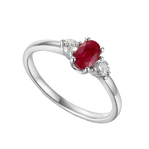 Claw Set Oval Cut Ruby & Round Brilliant Cut Diamond 3 Stone Ring