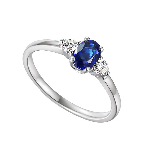 Claw Set Oval Cut Blue Sapphire & Round Brilliant Cut Diamond 3 Stone Ring