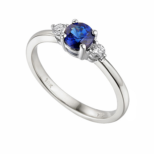 Claw Set Round Brilliant Cut Blue Sapphire & Diamond 3 Stone Ring