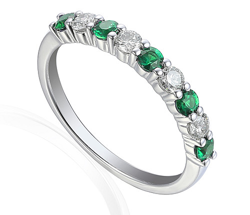 Claw Set Round Emerald & Round Diamond Half Eternity Stacking Ring