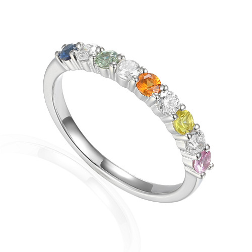Claw Set Round Multi Colour Fancy Sapphire & Round Diamond Half Eternity Stacking Ring