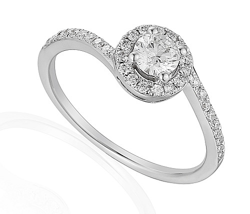 Claw Set Round Brilliant Cut Diamond With Micro Set Halo And Curved Shoulders Ring