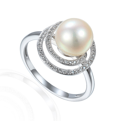 Claw Set Round Pearl With Micro Set Round Brilliant Cut Diamond Halo Ring