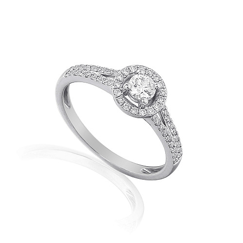 Round Brilliant Cut Diamond Centre With Micro Set Diamond Halo & Split Shoulders Ring
