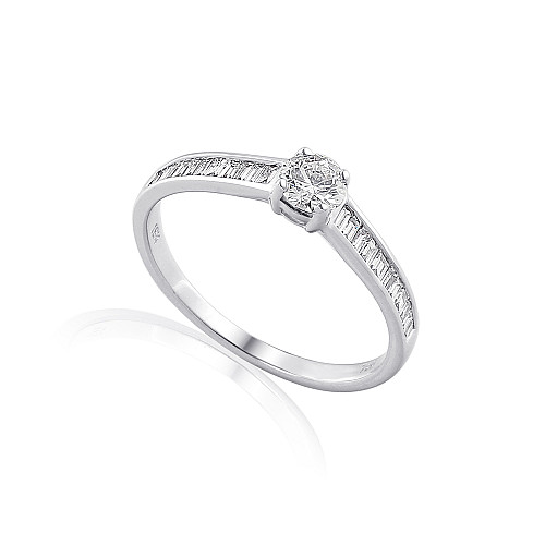 Claw Set Round Brilliant Cut Diamond With Channel Set Baguette Cut Shoulders Solitaire Ring