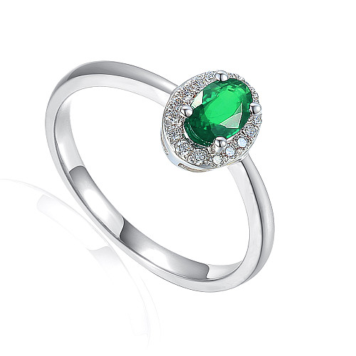Claw Set Oval Cut Emerald With Diamond Halo Ring