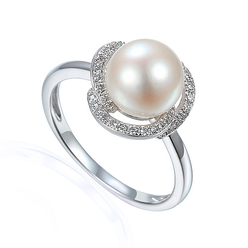 Claw Set Round Pearl With Micro Set Round Brilliant Cut Diamond Ring