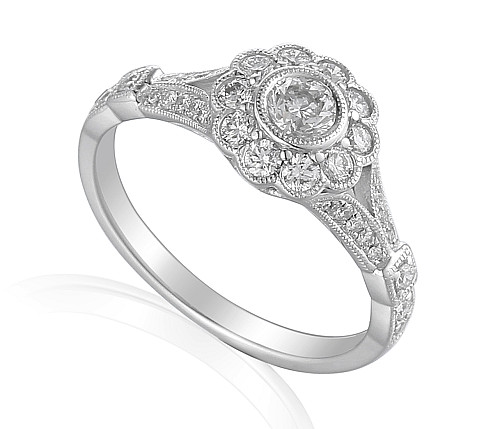 Round Brilliant Cut Diamond Rubover Set Cluster With Milgrain And Micro Set Split Shoulders Ring