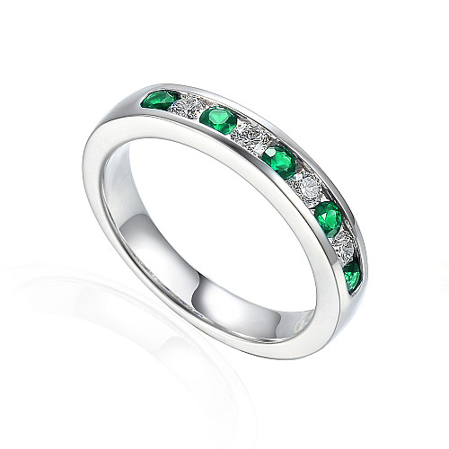 Channel Set Round Brilliant Cut Emerald & Diamond Half Eternity Ring
