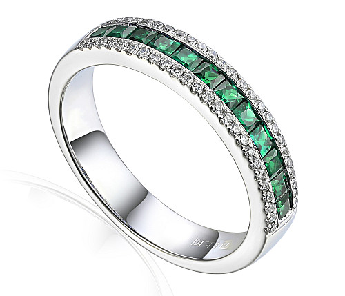 Micro & Channel Set Princess Cut Emerald & Round Diamond Statement Ring