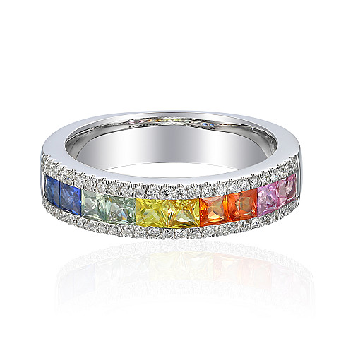 Micro & Channel Set Princess Cut Multi Colour Sapphire & Round Diamond Statement Ring