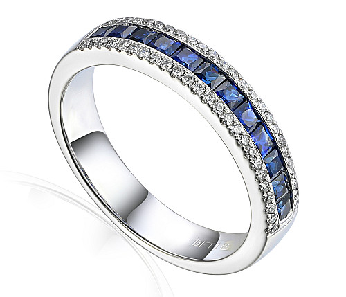 Micro & Channel Set Princess Cut Blue Sapphire & Round Diamond Statement Ring