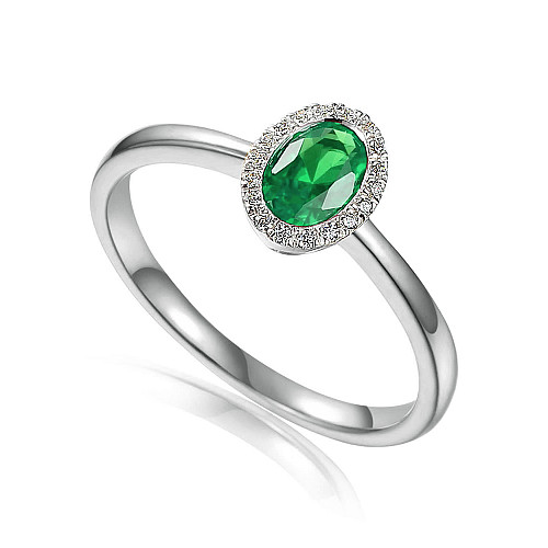 Rubover Set Oval Cut Emerald With Micro Set Round Brilliant Diamond Halo Ring