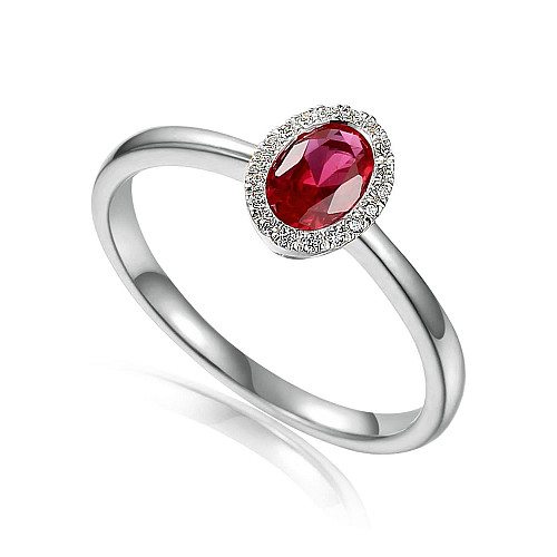 Rubover Set Oval Cut Ruby With Micro Set Round Brilliant Diamond Halo Ring