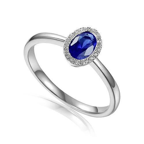 Rubover Set Oval Cut Blue Sapphire With Micro Set Round Brilliant Diamond Halo Ring