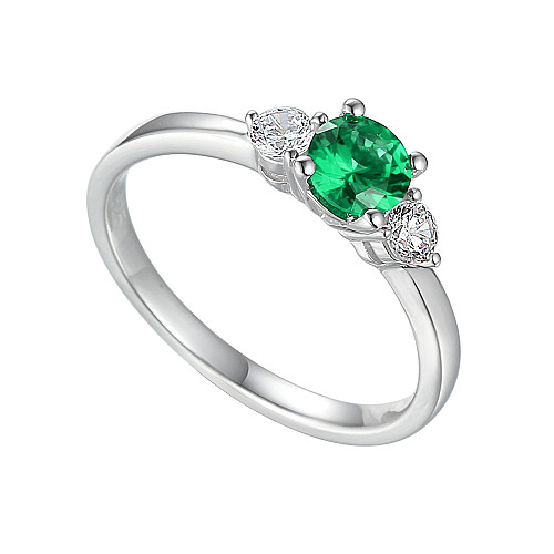 Claw Set Round Brilliant Cut Emerald & Diamond 3 Stone Ring