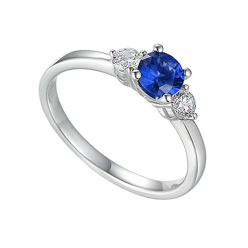 Claw Set Round Brilliant Cut Blue Sapphire & Diamond 3 Stone Ring
