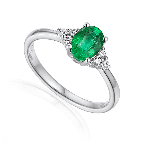 Oval Emerald & Round Brilliant Cut Diamond Claw Set Trefoil Ring