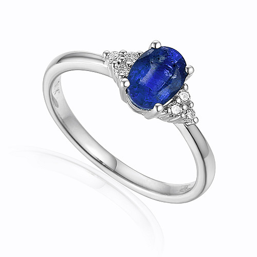 Oval Blue Sapphire & Round Brilliant Cut Diamond Claw Set Trefoil Ring