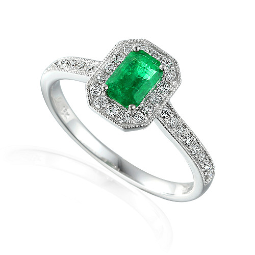 Claw Set Emerald Cut Emerald With Round Brilliant Diamond Halo & Shoulders Ring