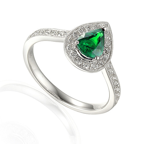 Claw Set Pear Shape Cut Emerald With Round Brilliant Diamond Halo & Shoulders Ring