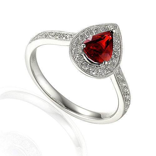 Claw Set Pear Shape Cut Ruby With Round Brilliant Diamond Halo & Shoulders Ring
