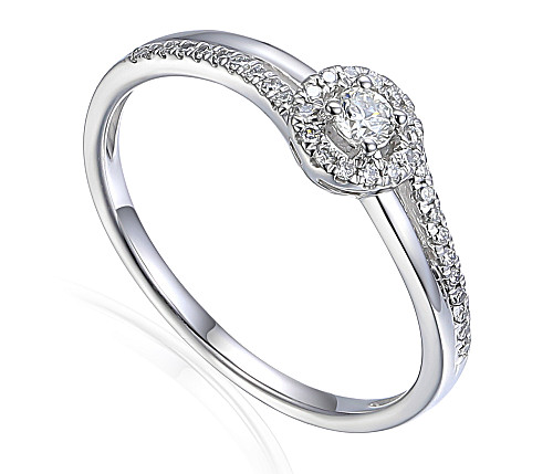 Claw Set Round Brilliant Cut Diamond With Micro Set Halo And Curved Split Shoulders Ring