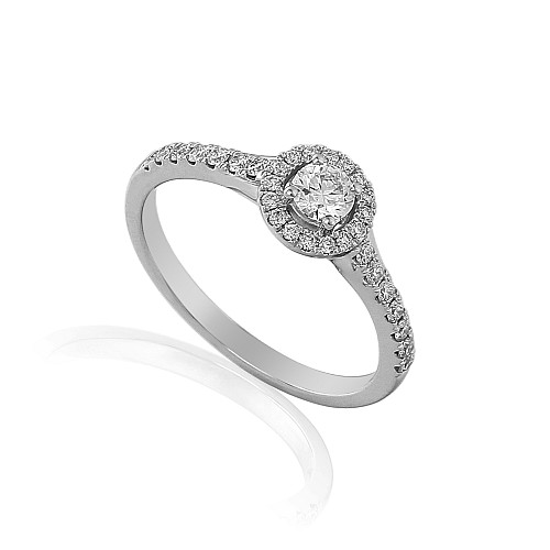 Claw Set Round Brilliant Cut Diamond With Micro Set Halo And Shoulders Ring