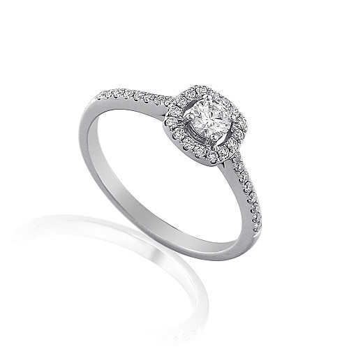 Round Brilliant Cut Diamond Claw Set With Micro Set Halo And Shoulders Ring