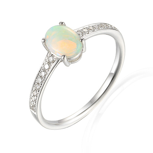 Oval Cut Opal Solitaire with Round Brilliant Cut Diamond Set Shoulders Ring