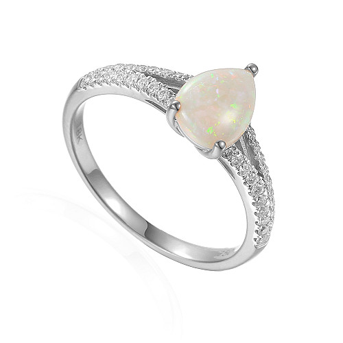 Pear Shape Cut Opal and Round Brilliant Cut Diamond Claw Set Split Shoulder Ring