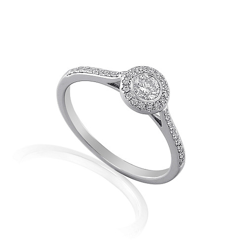 Round Brilliant Cut Diamond In a Rubover Setting With Micro Set Halo And Shoulders Ring