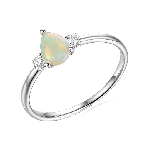 Platinum Claw Set Round Diamond and Pear Opal 3 Stone Ring