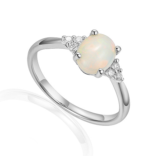 Platinum Claw + Micro Set Round Diamond and Oval Opal  Solitaire Ring