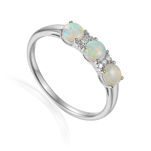 Round Brilliant Cut Opal & Diamond 3 Stone Ring
