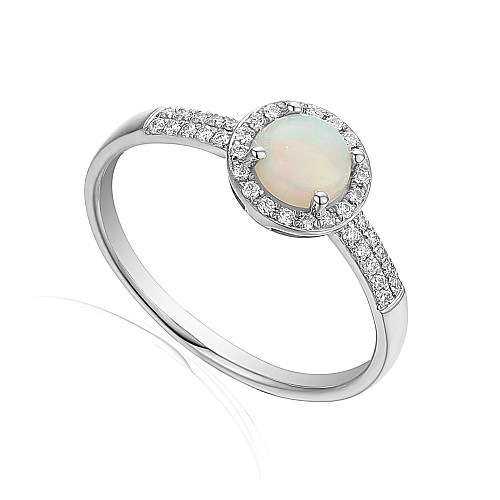 Platinum Claw + Micro Set Round Diamond and Round Opal Halo Ring