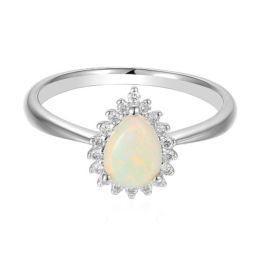 Platinum Claw + Micro Set Round Diamond and Pear Opal Halo Ring