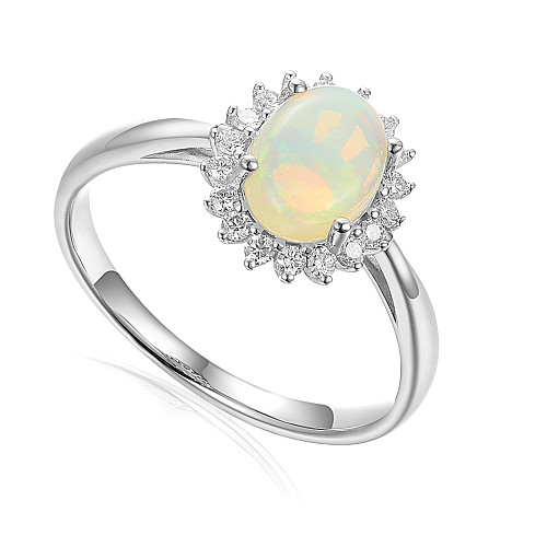 Platinum Claw + Micro Set Round Diamond and Oval Opal Halo Ring