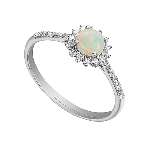 Platinum Claw + Micro Set Round Diamond and Round Opal Halo Ring