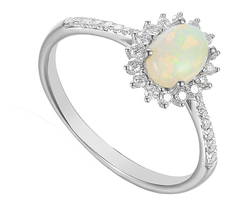 Platinum Claw + Micro Set Round Diamond and Oval Opal Halo Ring